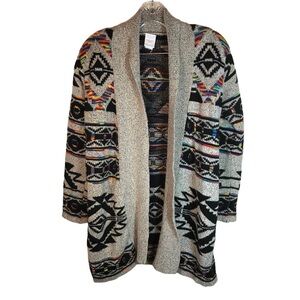 Northern Angel Aztec Southwestern Boho Open Front Long Cardigan Sweater Small